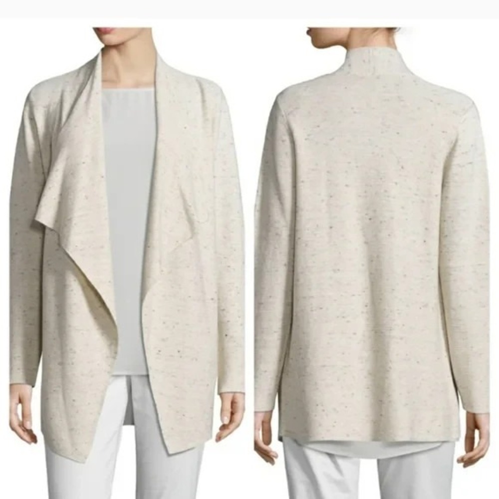 Eileen Fisher Ecru Peppered Cardigan Women Size Medium Beige Drape Front Sweater